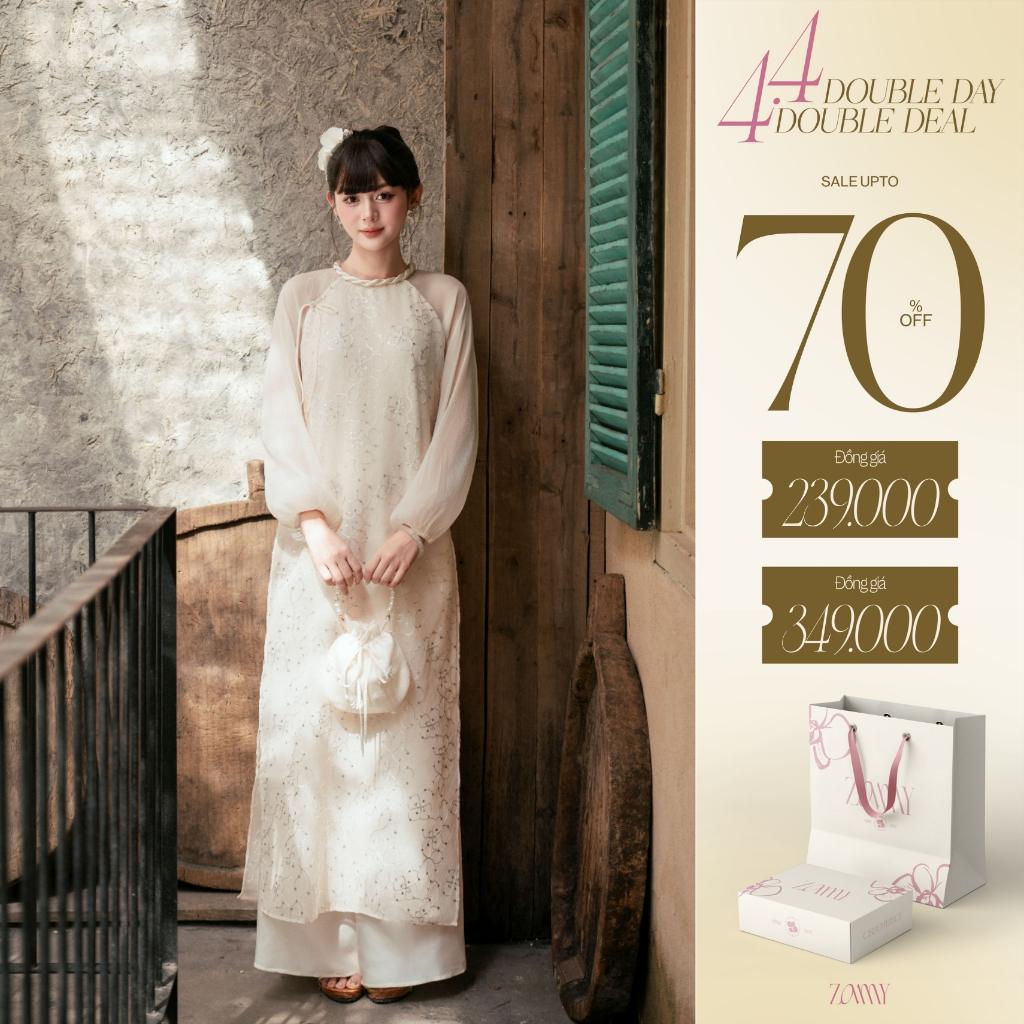 ZAMYSHOP - Ao dai ออกแบบโดยเงิน Hoc Hoa คอบิดตัวเอียงแขนผ้าไหม กางเกงผ้าไหมสีขาว (ODD SHIRT, ODD PAN