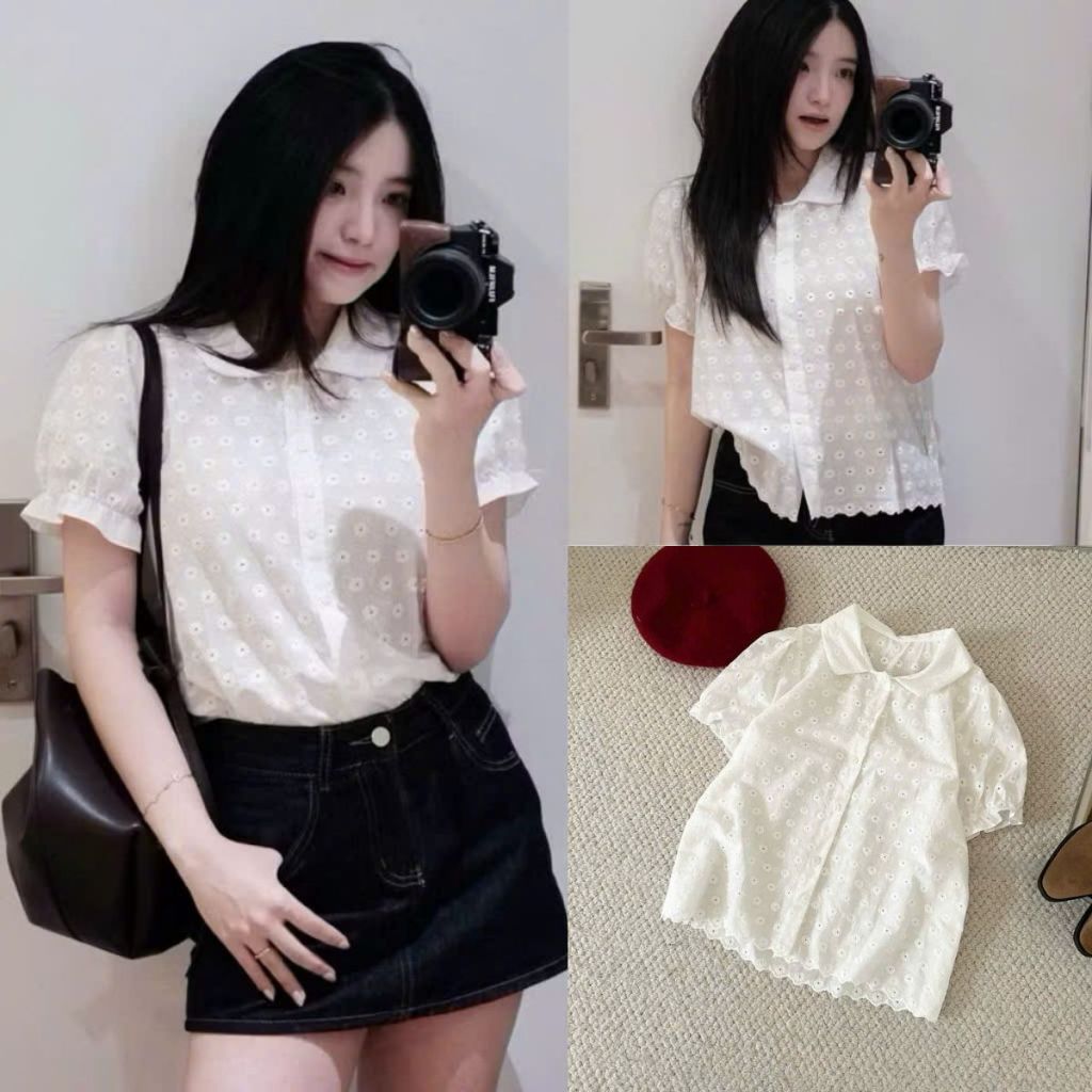 แม่ เสื้อเชิ้ตแขนสั้นพองสําหรับผู้หญิงมีระบายยางยืดวัสดุหยาบปักดอกไม้สไตล์เด็กน่ารักสําหรับฤดูร้อน ก
