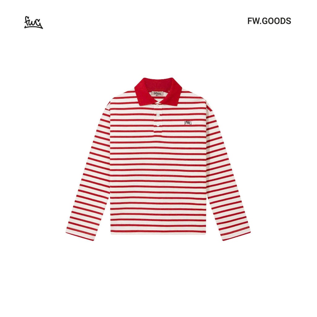 FW.GOODS - Rugby Polo Striped Collar Shirt Boxy - เสื้อยืดแขนยาวลายทางสําหรับผู้ชายและผู้หญิง