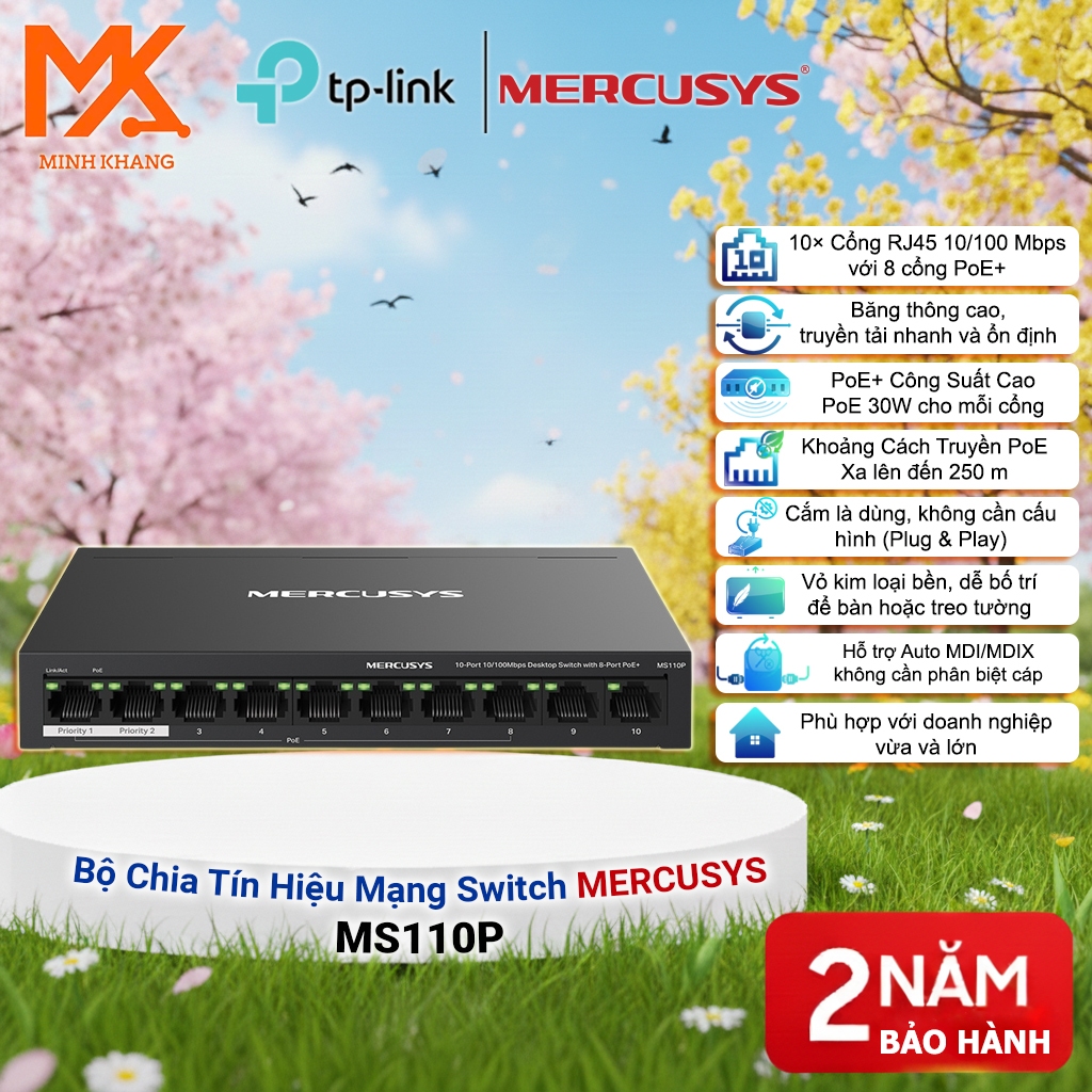 [Hot] Mercusys PoE Switch+ MS110P 8 Port PoE + 2 Uplink Ports – สําหรับกล้อง, Plug & Play