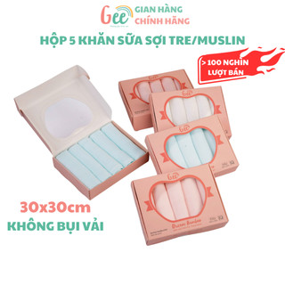 Khăn sữa Gee cao cấp, set 5 khăn sợi tre/muslin cho bé sơ sinh, không bụi vải, mềm mịn, thấm hút, kháng khuẩn, an toàn