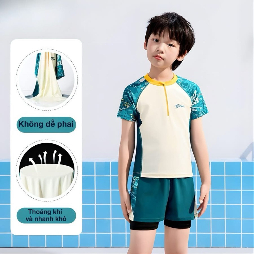 ชุดว่ายน้ําสําหรับเด็กผู้ชายแขนสั้นและกางเกง 2 ชั้น ไซส์ 10-60กิโลกรัม ชุดว่ายน้ําเด็กผู้ชายทําจากยางยืดว่ายน้ําสีขาวและสีน้ําเงินคุณภาพสูง