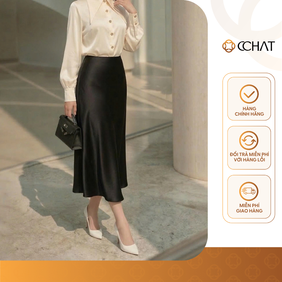 CCHAT กระโปรงบานลายจุดผ้าไหมเนื้อนุ่ม 16CDL2001XT