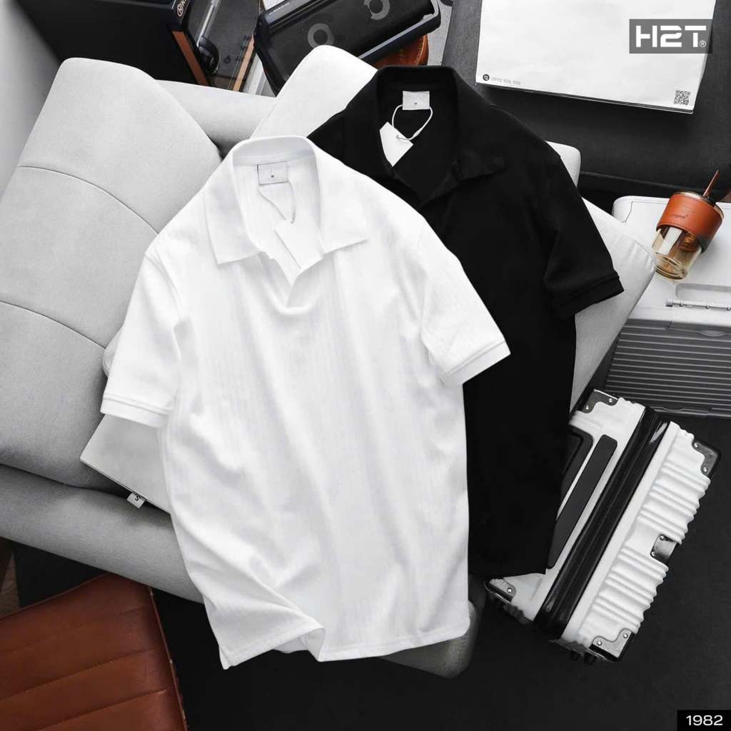 H2T เสื้อโปโลผู้ชาย V คอ Ribbed ถัก Ribbed ผ้าปกติ fit 1982