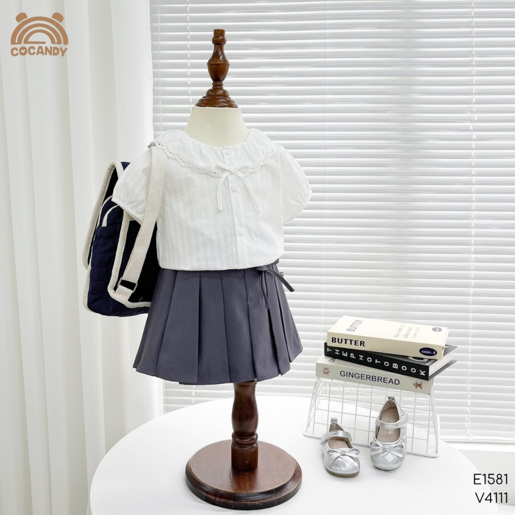 COCANDY Baby Girl Set - เสื้อเบลาส์หยาบสีขาวคอปกลูกไม้และแขนพัฟและกระโปรงจีบ BOLD E1581,V4111