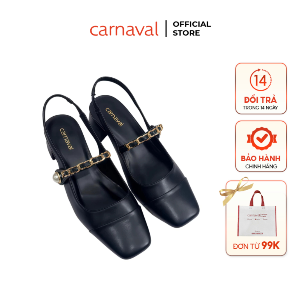 รองเท้าส้นสูงสตรี Carnaval Square Toe Mary Jane พร้อมสายโซ่มุกสุดหรู - VS195