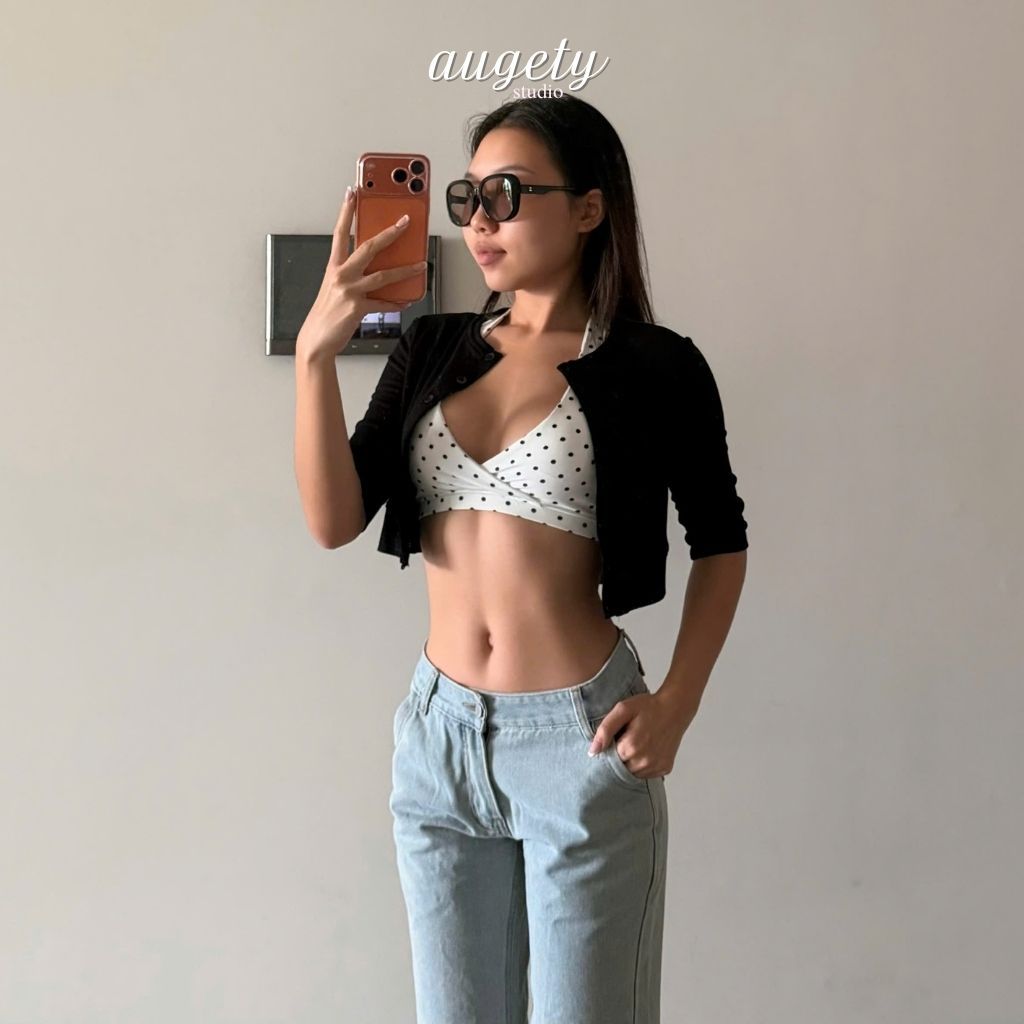 Augety Studio เสื้อสเวตเตอร์ถักโครเชต์ครึ่งแขนบางและเบา, คาร์ดิแกน CAIA