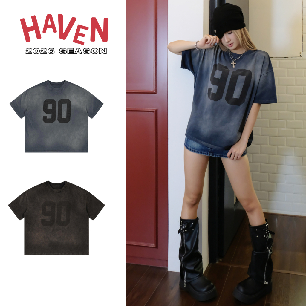 Haven Studio เสื้อยืด boxy wash สําหรับผู้ชายและผู้หญิง ผ้าฝ้ายสีดําและสีน้ําเงิน น้ําหนัก 300gsm