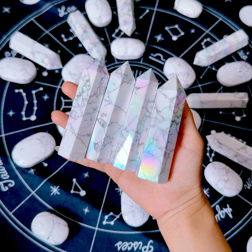 [สินค้าใหม่] เสาหิน Aura Howlite และหิน Howlite Palm หินสนขาว หินแห่งสันติภาพและผ่อนคลาย