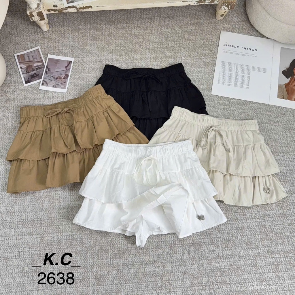 กระโปรงบานชั้นสีกากีเอวยางยืดและป้ายหิน QC CV2638-B2TH - NhiNhi Shop