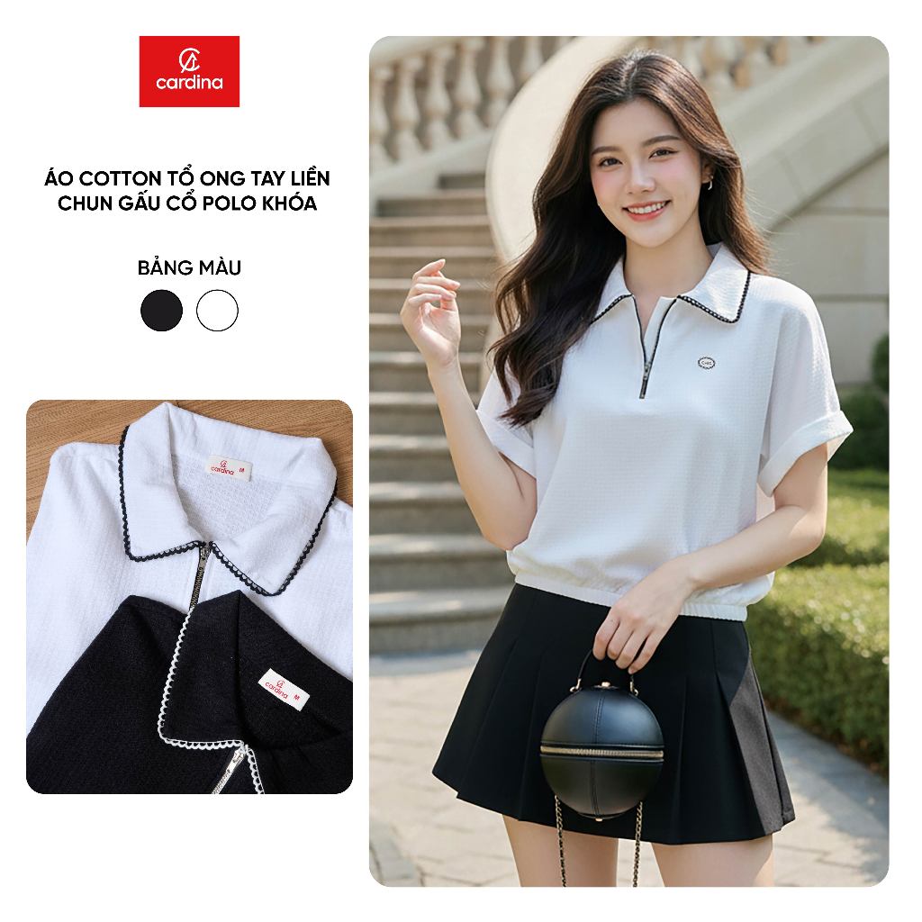 CARDINA เสื้อโปโลผู้หญิงผ้าฝ้ายรังผึ้งแขนยางยืดคอปกซิป 6APC01