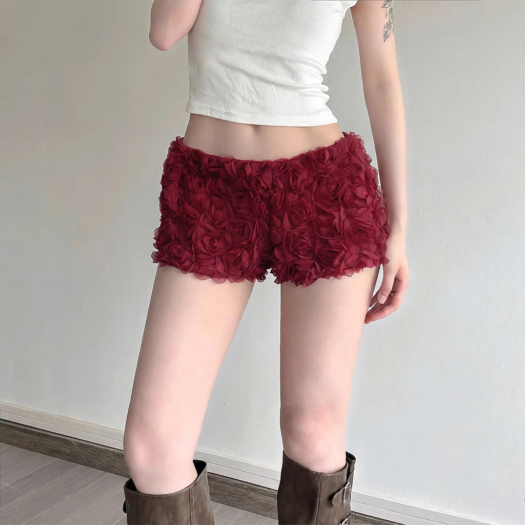 DaaLaa Store กางเกงขาสั้นผู้หญิงทอกุหลาบสไตล์หรูหรา Q151