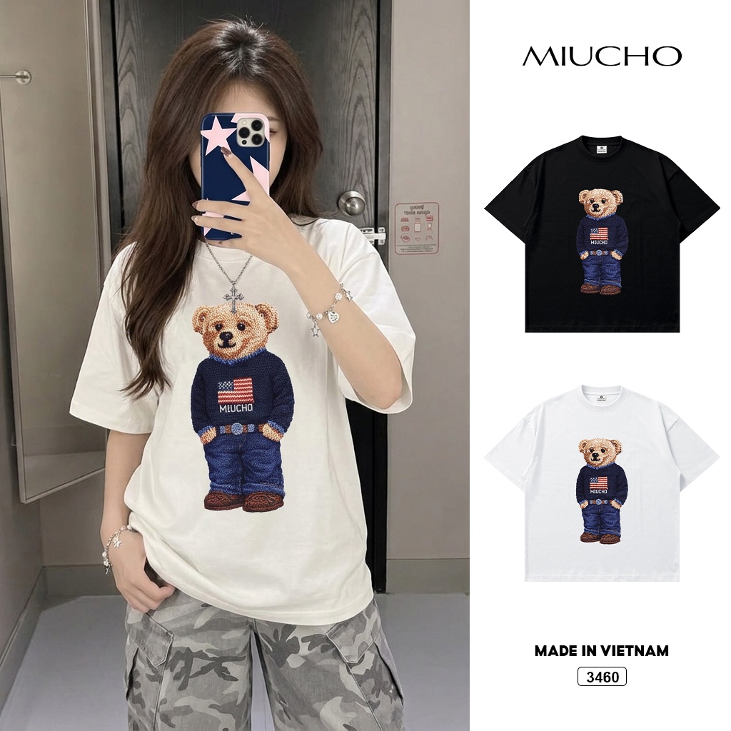 เสื้อยืดทรงกล่องเท็ดดี้หนา unisex ลาย Miucho 3460