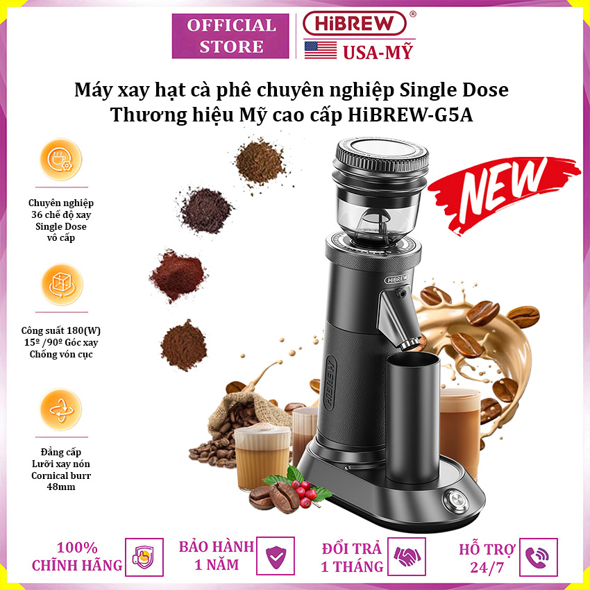 เครื่องบดเมล็ดกาแฟมืออาชีพ Single Dose พร้อมโหมดบด 36 โหมด ยี่ห้อ HiBREW G5A - ความจุ 180W