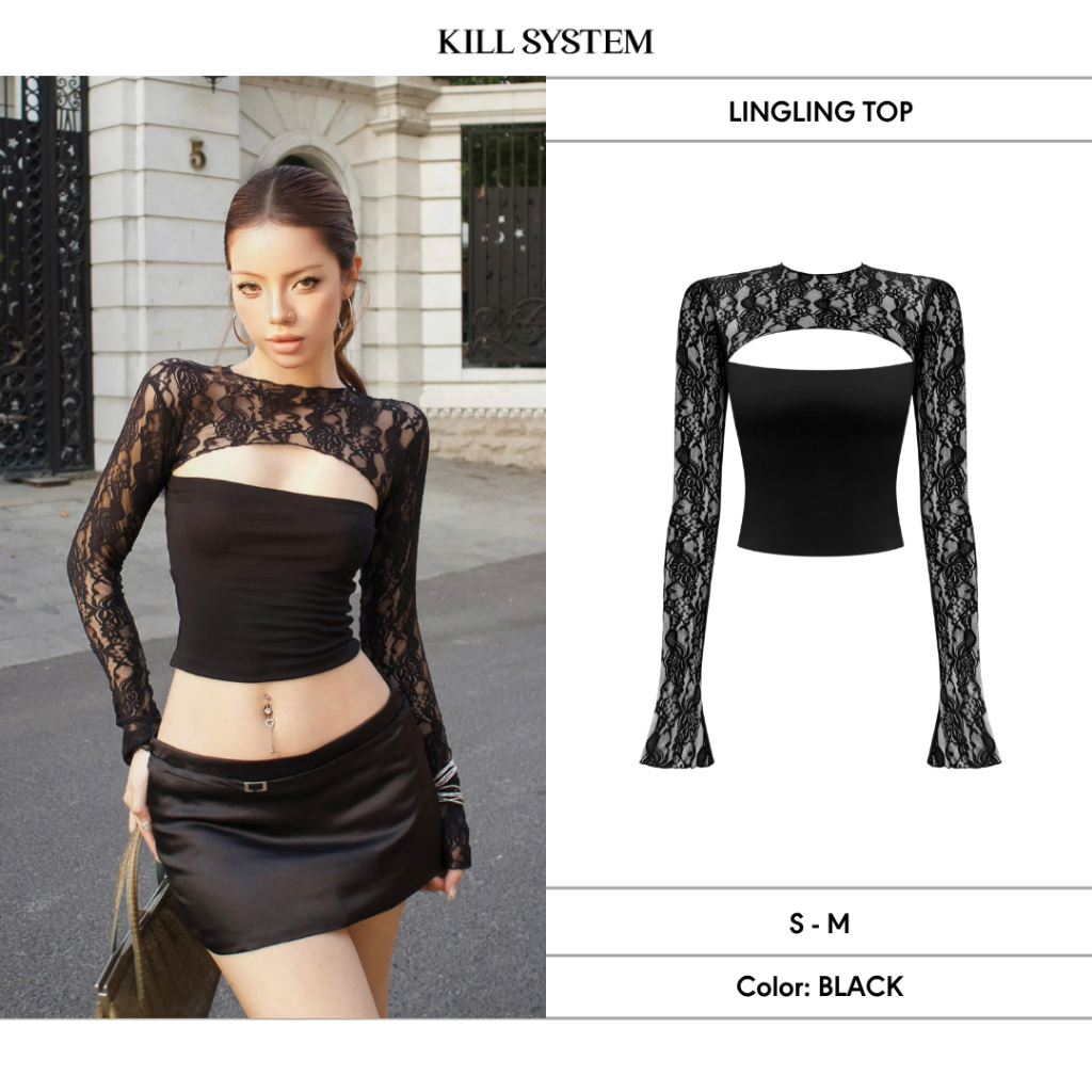 LING เสื้อปาดไหล่ลูกไม้แขนยาว - KILL SYSTEM