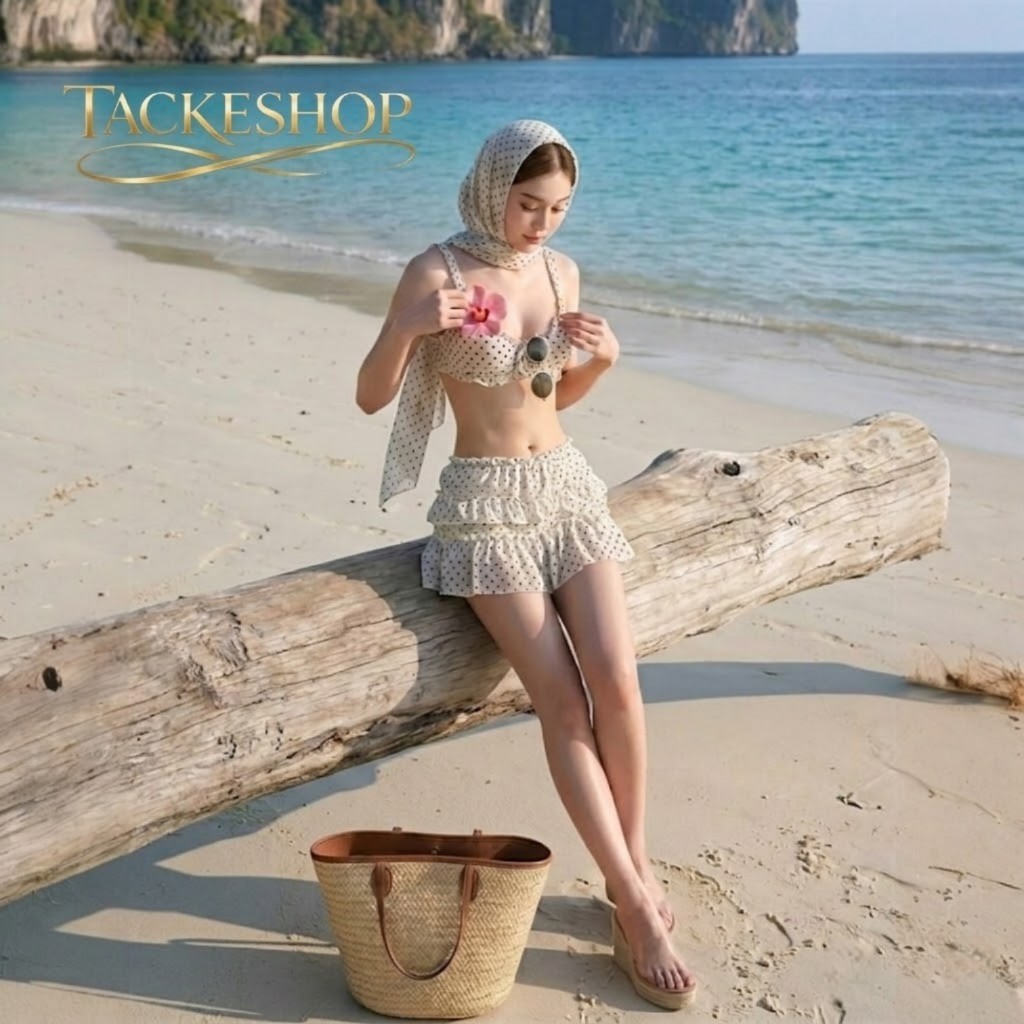 Biniki ชุดผ้าชีฟองลายจุด 4 ชิ้น - ชุดว่ายน้ําชายหาดสําหรับผู้หญิงพร้อมผ้าพันคอและกระโปรงเทรนด์ร้อน 2