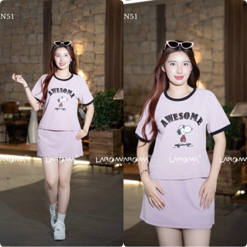 Laroma Summer Womens Clothing Set BN51 - เสื้อยืดและกระโปรงไดนามิก ลาย Snoopy น่ารัก