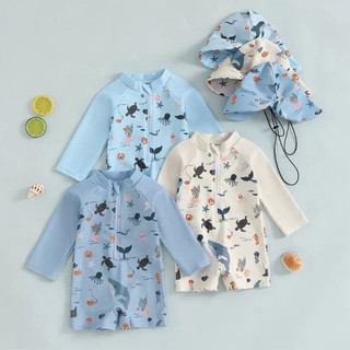 Đồ bơi cho bé trai dài tay kèm mũ chống nắng sz 8-30kg, đồ bơi bé trai hoạ tiết đại dương
