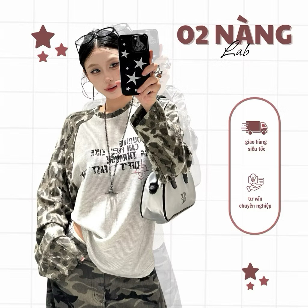 เสื้อยืดแขนยาวทรงหลวมสําหรับทั้งชายและหญิงพร้อมสไตล์สตรีทลายพราง | 02 LAB LADIES