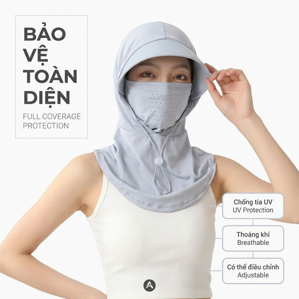 หมวกกันแดดผู้หญิง 3 in 1 ผ้าไหมเย็น UPF50+ ปิดหน้าและคอ ระบายอากาศได้ดี