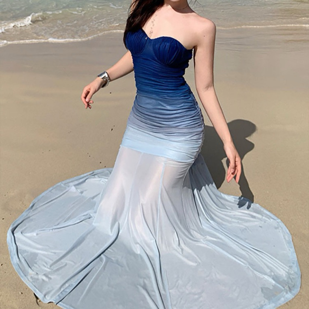 ชุดสตรีสีน้ําเงินเข้ม Ombre Ruffled Fishtail Beach Dress