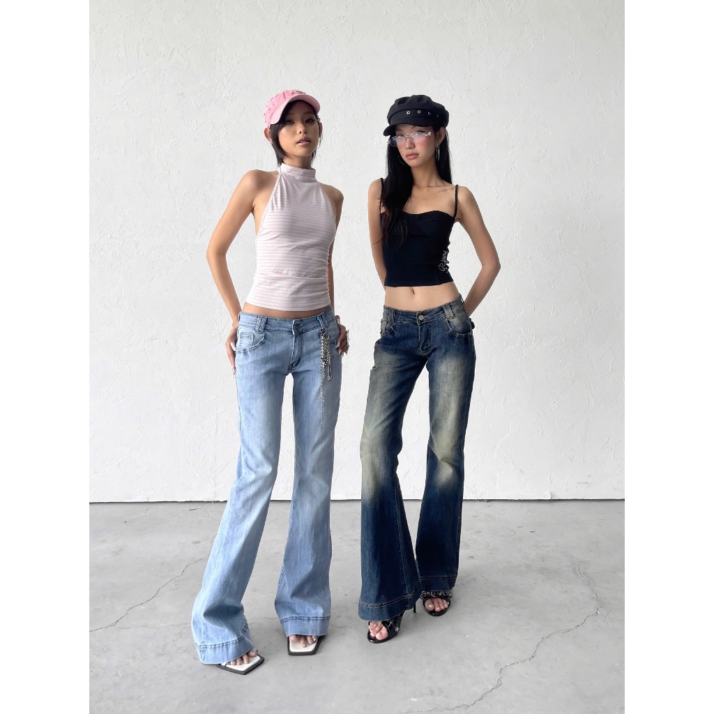 TWENTI กางเกงยีนส์เอวต่ำ ผ้ายืด ขาบาน ปักกระเป๋า