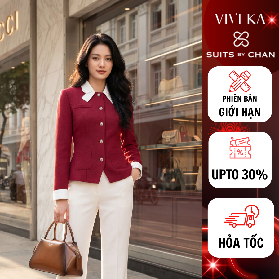 Kivra VIVI KA Vest ดีไซน์แขนยาวปกใบไม้สีขาวและโบว์ สีแดง ผ้าคุณภาพสูงหรูหราสําหรับออกไปปาร์ตี้ Tet ใ