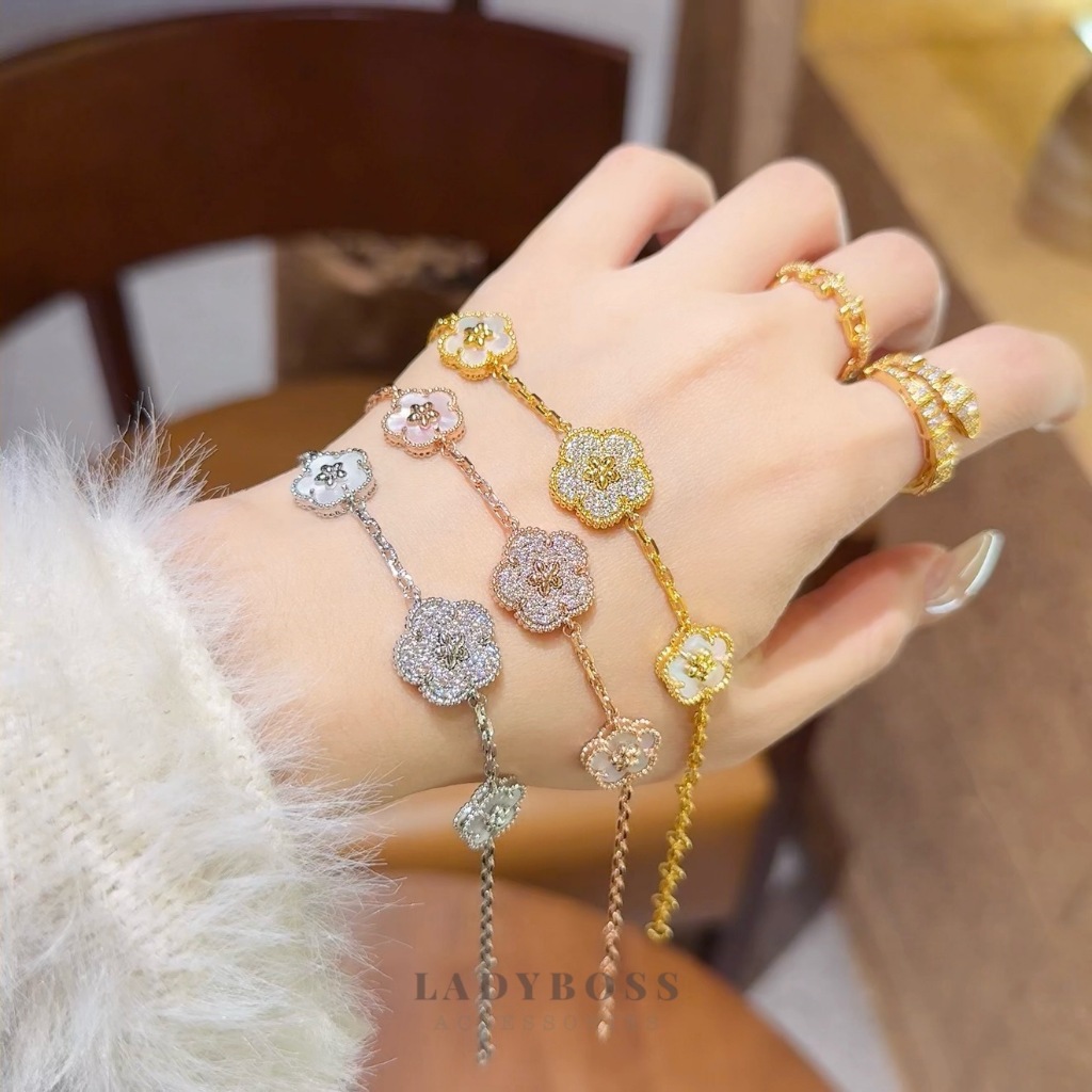 สร้อยข้อมือดอกไม้แอปริคอทร่อนด้วยหินและแม่มุกด้าน1ทําจากทองแดงสีขาวอุปกรณ์เสริมเลดี้บอส LT204
