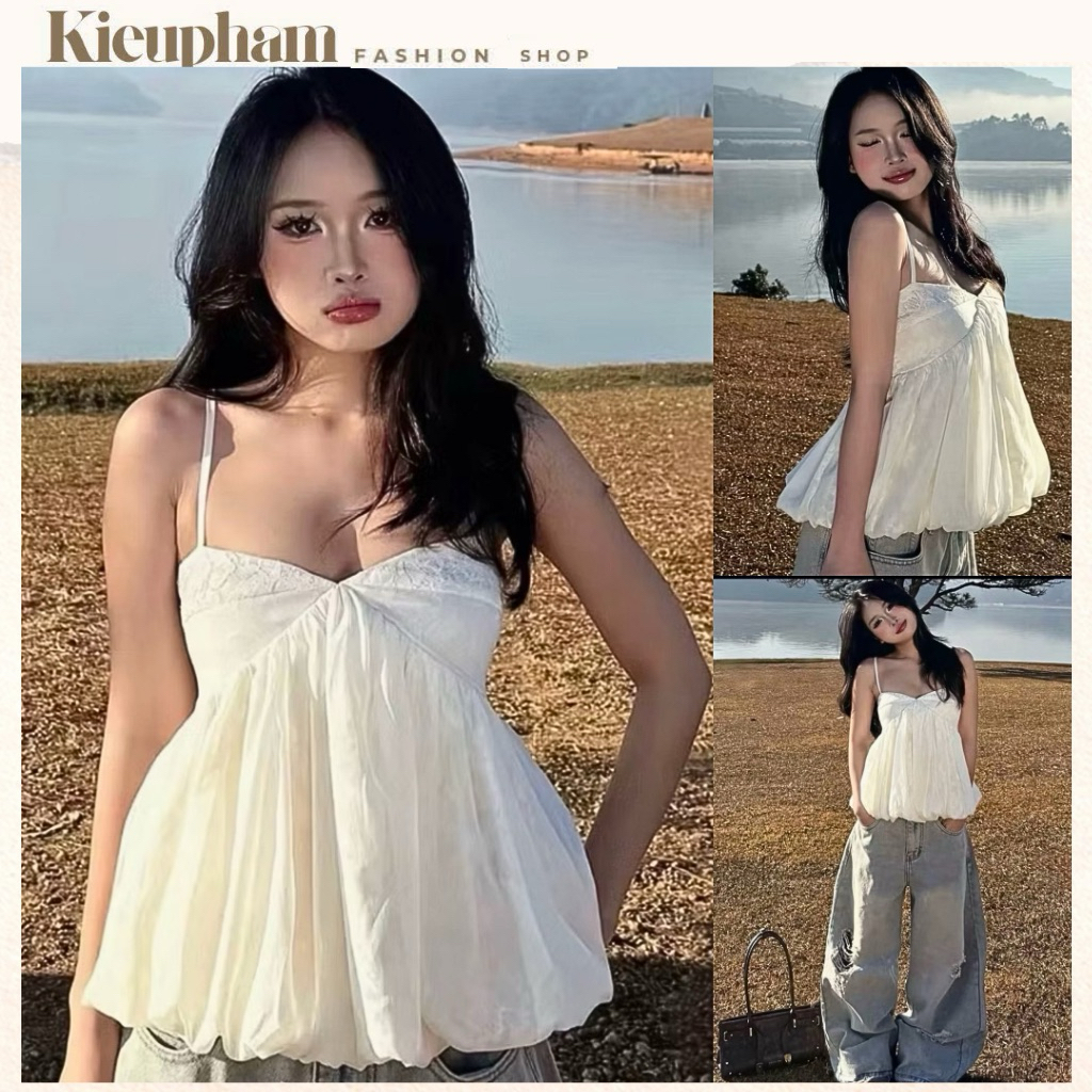 Babydoll เสื้อเชิ้ต 2-String ผ้าชีฟองสีขาว ถ้วยหน้าอกพองเบาๆ ทรงขาบานของผู้หญิง น่ารักสุดๆสําหรับชายหาด/Go Out Kieupham.shop