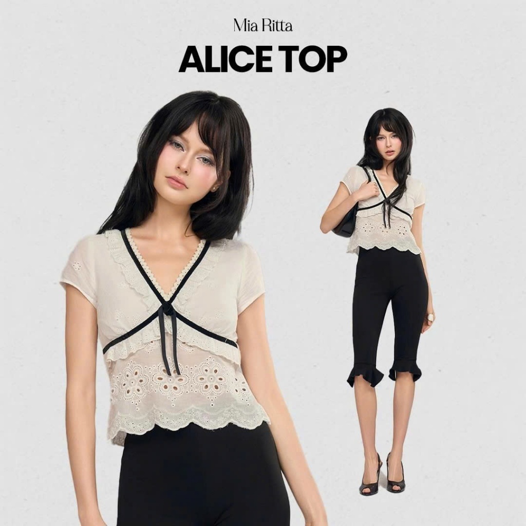 เบลเซอร์ Alice Top Mia Ritta A2194 - เบลเซอร์สีขาวหยาบเนื้อนุ่มพร้อมลูกไม้ - เสื้อเชิ้ตแขนสั้นคอวีมีโบว์