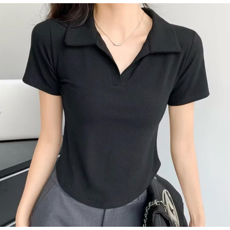 A88 เสื้อยืดผู้หญิงแขนสั้นโครเชต์ Turn-down Collar เสื้อโปโลหลากสี ไซส์ต่ํากว่า 53kg รหัส a88