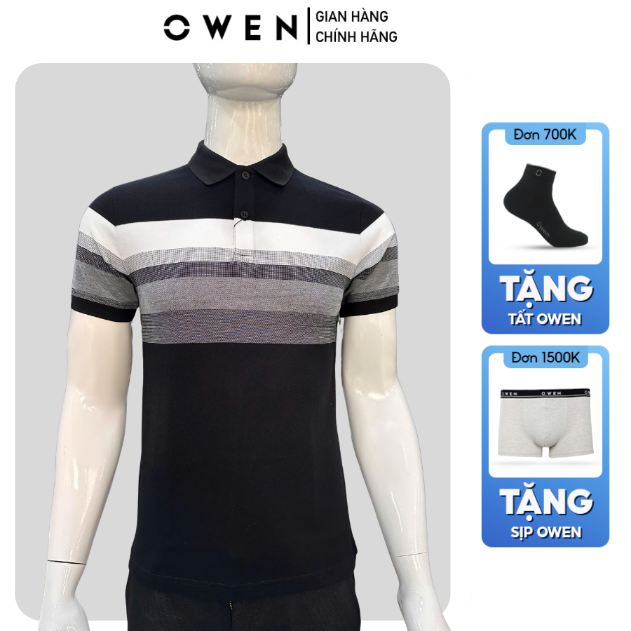 OWEN APV เสื้อโปโลผู้ชายแขนสั้นคอปก262018 สีดําขอบแนวนอน ร่างกาย พอดี ผ้าคอตตอนนิ่มลดวัย