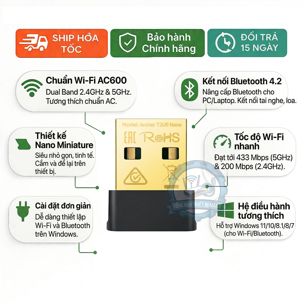USB Wifi Bluetooth TP-Link T2UB Nano AC600 Dual Band Bluetooth 4.2 Compact