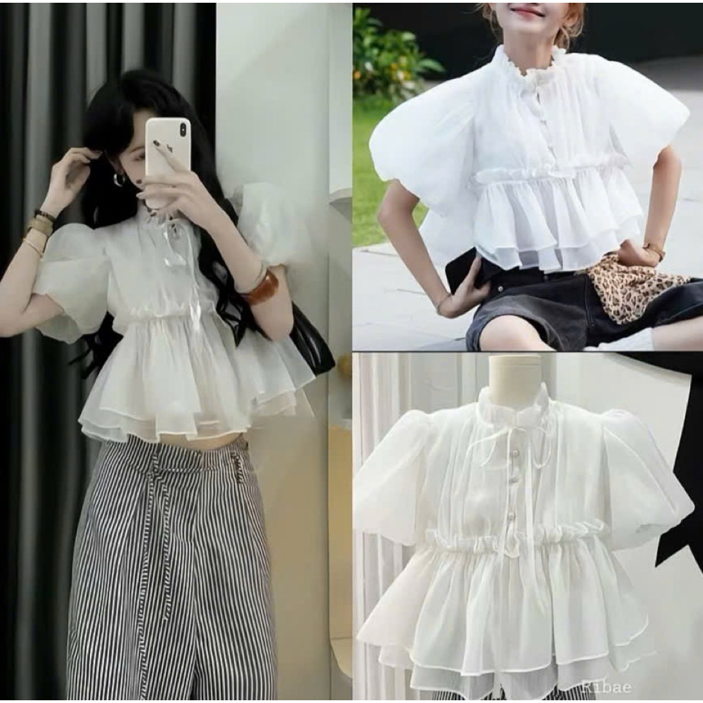 Babydoll เสื้อเชิ้ตโครเชต์แขนพัฟผ้าไหมโฟมนุ่มสไตล์เกาหลี LOSY.STORE