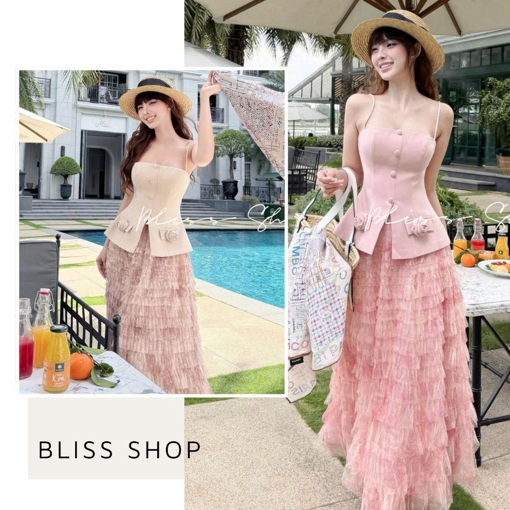 [การออกแบบระดับไฮเอนด์] Bliss Shop ชุดเสื้อลายดอกไม้ 2 ชิ้นฤดูร้อนพร้อมกระโปรงยาวชั้นสุดหรู - S591