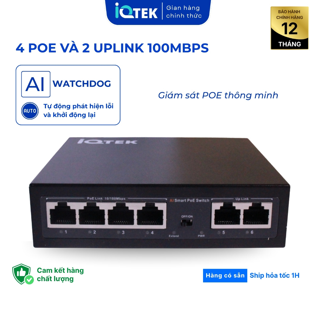 [IQTEK] Poe AI Watchdog Switch เครือข่าย สวิตช์ประเภท 4 พอร์ต + พอร์ต uplink 2 พอร์ต ความเร็ว 100Mbp