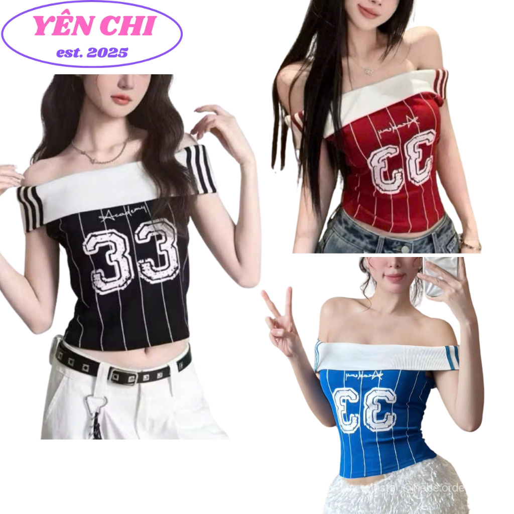 Y2K YEN CHI Y2K YEN CHI Y2K Youthful Sports Style Striped Off Shoulder Blouse, Bodycon Womens Blouse