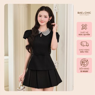 Áo peplum nữ cổ ren đính đá Baechic, áo kiểu tiểu thư form chiết eo thanh lịch sang trọng AB250