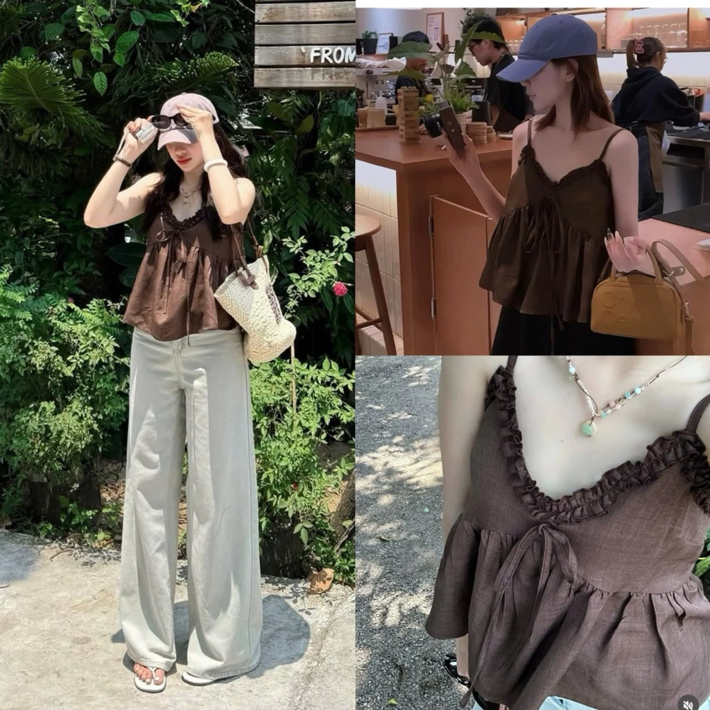 MAYA TOP เสื้อเบบี้ดอลล์แบบสั้น 2 สาย ระบายหวายและโบว์ ท็อป 2 สายผู้หญิง