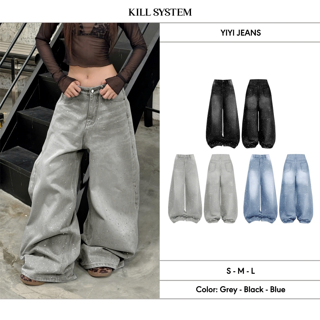 กางเกงยีนส์ rhinestone เป็นประกายสองด้าน YI - KILL SYSTEM