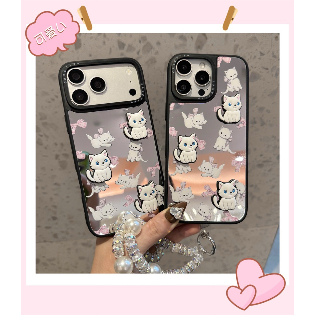 Coquette Style White Cat Mirror Case with Pink Bow for iPhone - Sunny Case