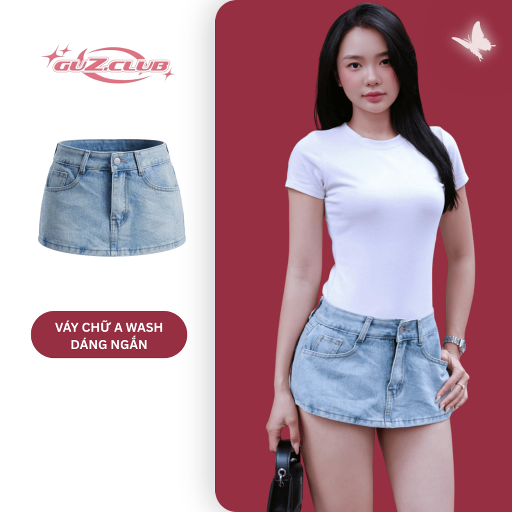 GuzClub ผู้หญิง A-Line Denim Jean กระโปรงสั้นเอวสูงรูปแบบ Flattering Wash บุคลิกภาพ Y2K M49