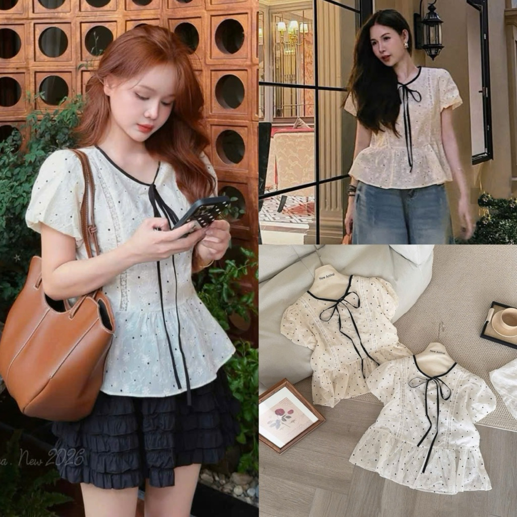 OUDE BABYDOLL เสื้อเชิ้ต babydoll คอกลม แขนบานลายจุดสีดํา