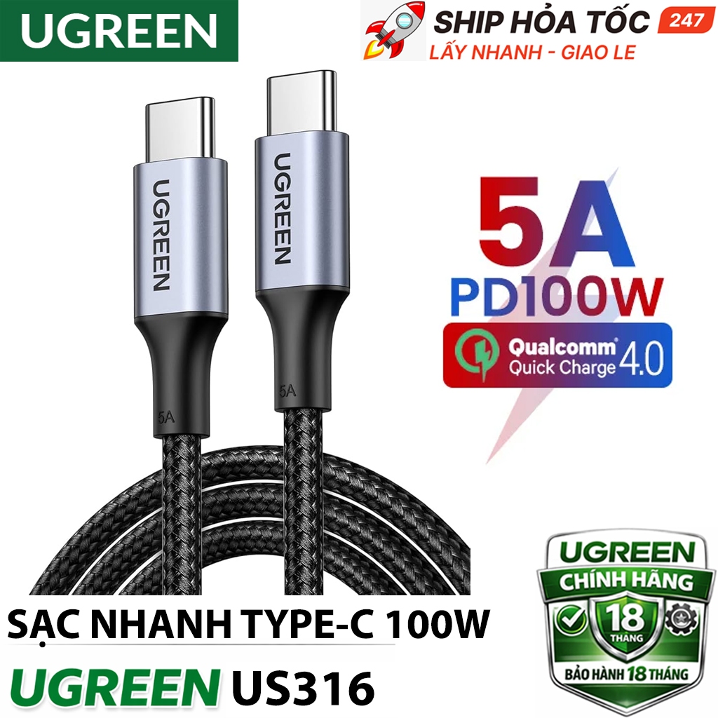 UGREEN US316 สาย USB-C 100W PD – สายชาร์จเร็วสําหรับแล็ปท็อป โทรศัพท์ แท็บเล็ต