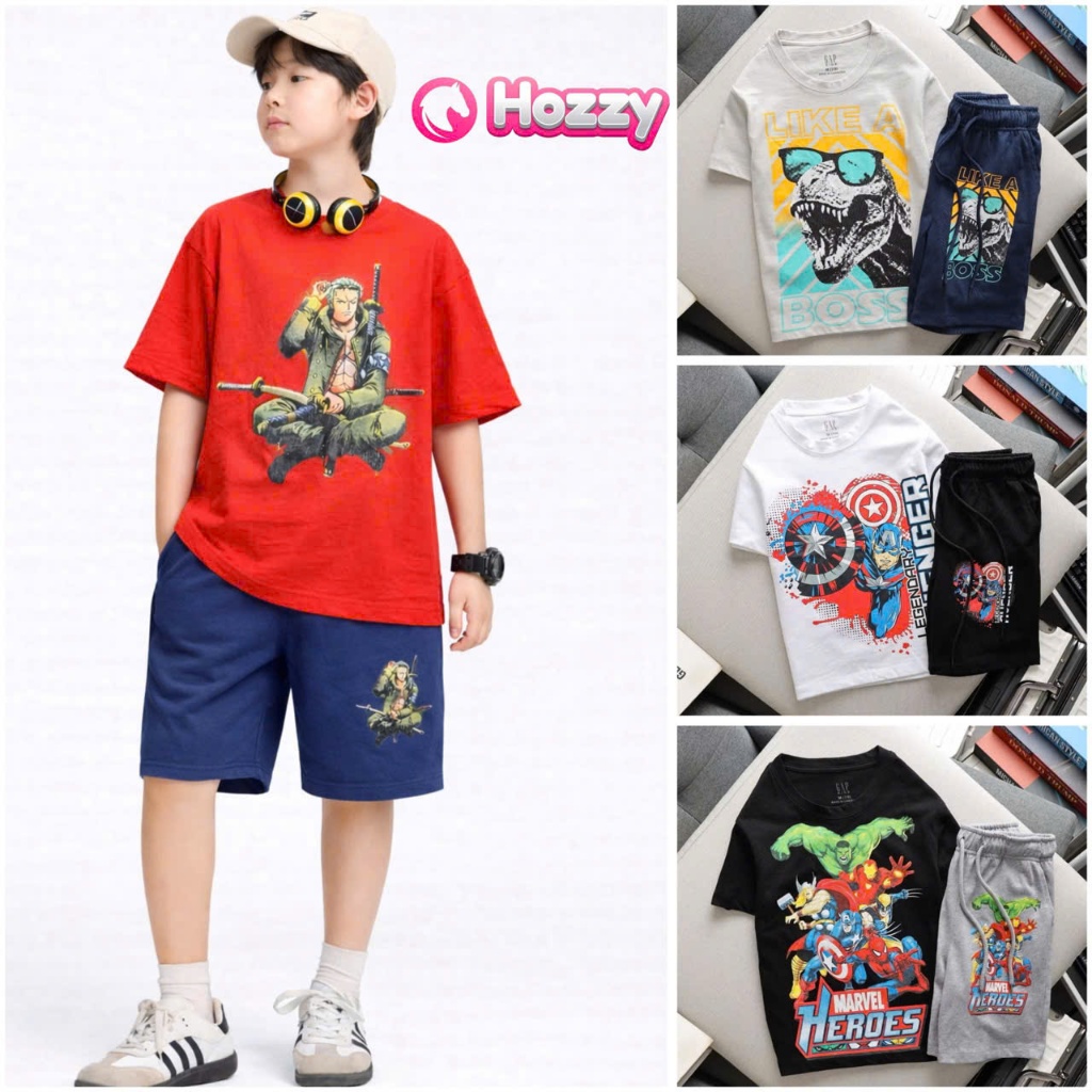ชุดเสื้อยืดแขนสั้นเด็กชาย Hozzy ผ้านุ่มเท่ ผ้าคอตตอน 100% (K33-2;K41-3)