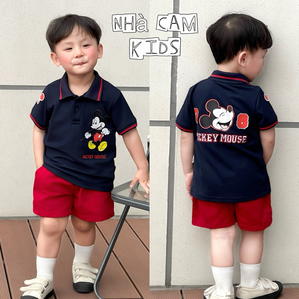 ชุดแขนสั้นเด็กชุดโปโลแขนสั้นมิกกี้ เสื้อสีเขียวถ่านปกเยอรมันพร้อมกางเกงสีแดงสําหรับเด็ก-บ้านสีส้ม