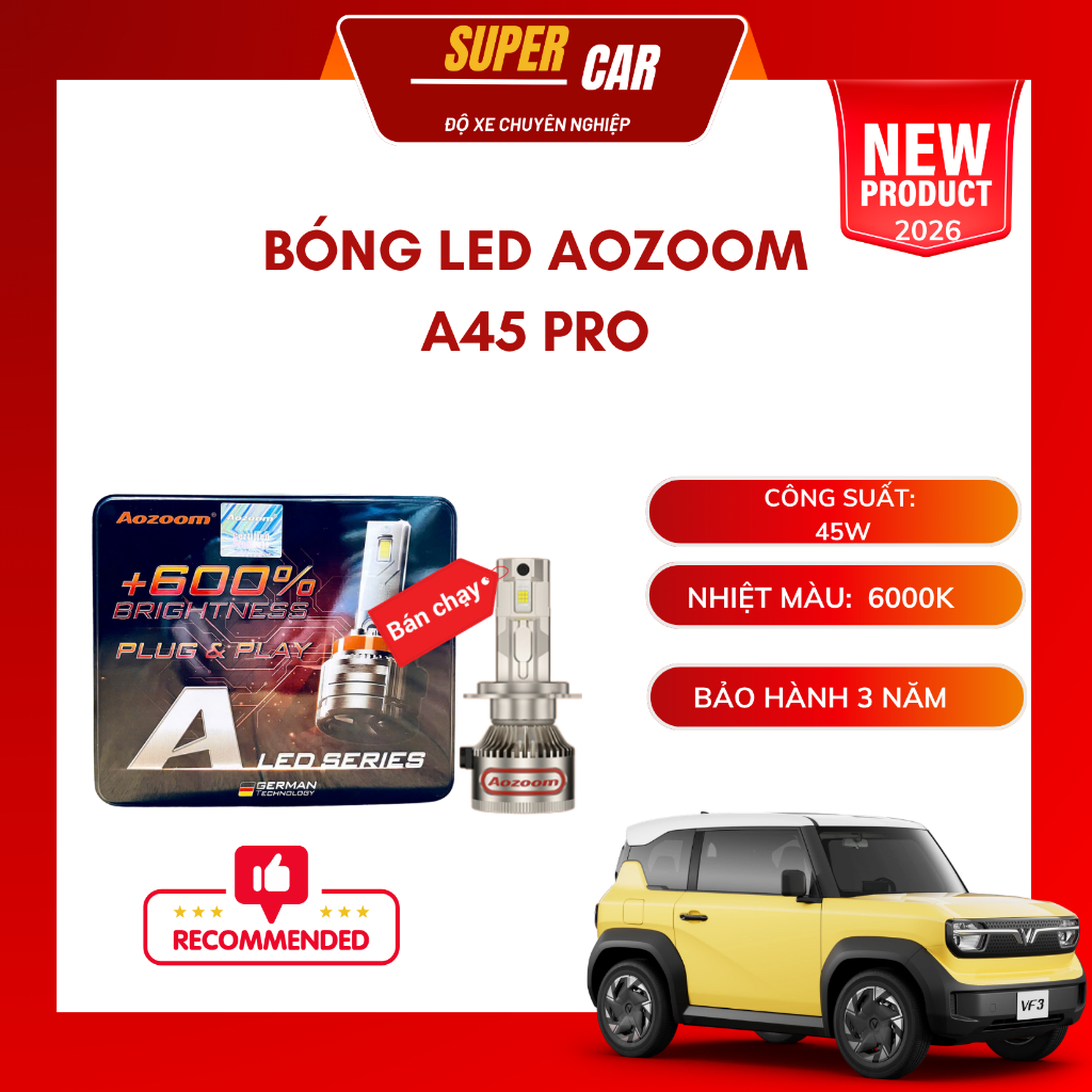 Aozoom A45 PRO 2026 หลอดไฟ Led Pins H4, H7, H11, 9005, 9006, 9012 ความจุ 45W อุณหภูมิสี 3 ปี