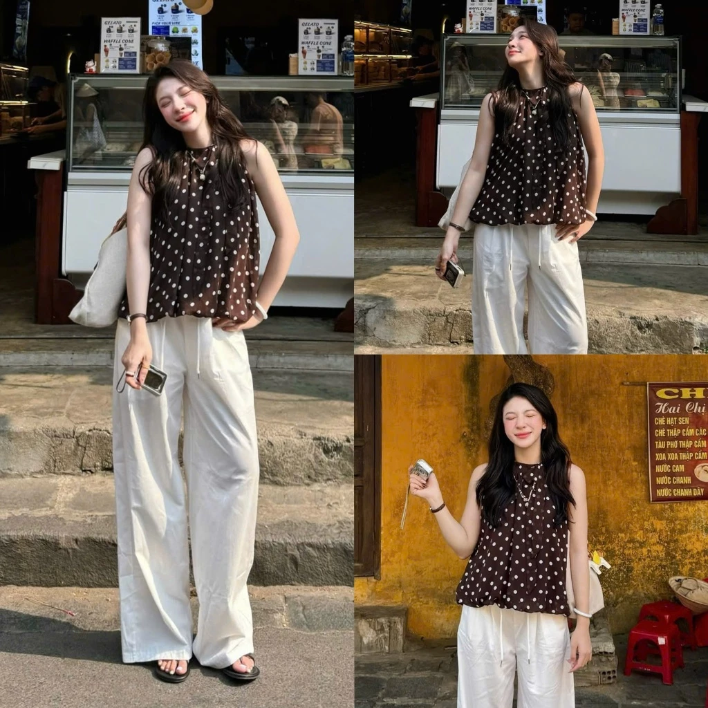 (OLDSCHOOL PHOTO) เสื้อชั้นในสตรีผ้าชีฟองผ้าไหม 2 ชั้นลายจุด ApricotTop