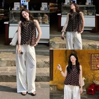 (OLDSCHOOL PHOTO) เสื้อชั้นในสตรีผ้าชีฟองผ้าไหม 2 ชั้นลายจุด ApricotTop