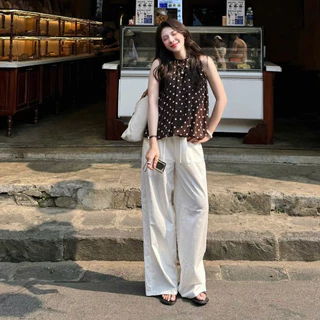 (OLDSCHOOL PHOTO) เสื้อชั้นในสตรีผ้าชีฟองผ้าไหม 2 ชั้นลายจุด ApricotTop